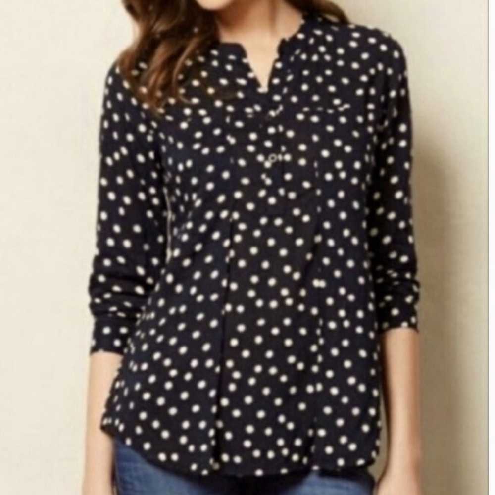 Anthropologie Maeve Navy and White Polka Dot
Quarter Button Popover Blouse small